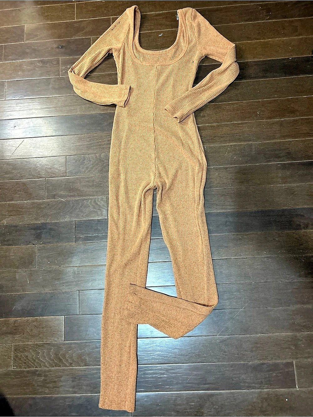 SHEIN Ribbed Knit Long Sleeve Jumpsuit Brown Small